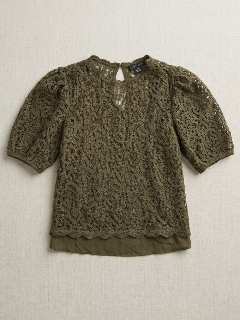 Sanctuary Olive Green Crochet Lace Puff Sleeve Blouse | M